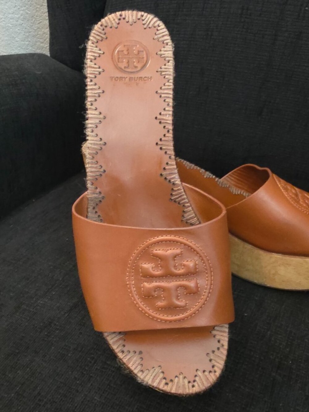 Tory Burch Patty Brown Leather Platform Wedge Slide Sandals - Woman's Size 9